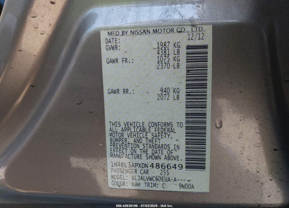 2013 NISSAN ALTIMA VIN: 1N4BL3APXDN486649