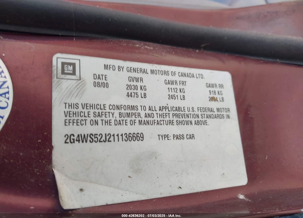 2001 BUICK CENTURY CUSTOM VIN: 2G4WS52J211136669