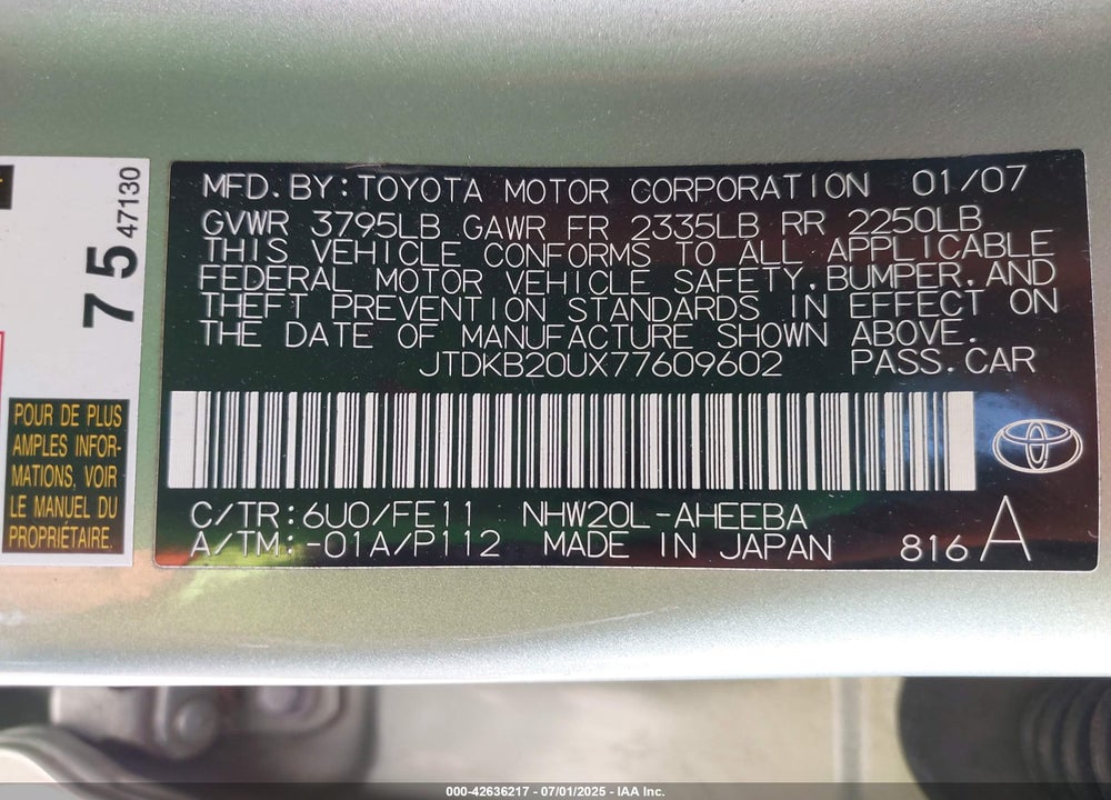 2007 TOYOTA PRIUS VIN: JTDKB20UX77609602