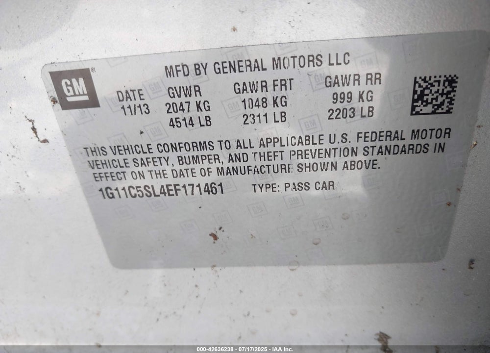 2014 CHEVROLET MALIBU 1LT VIN: 1G11C5SL4EF171461