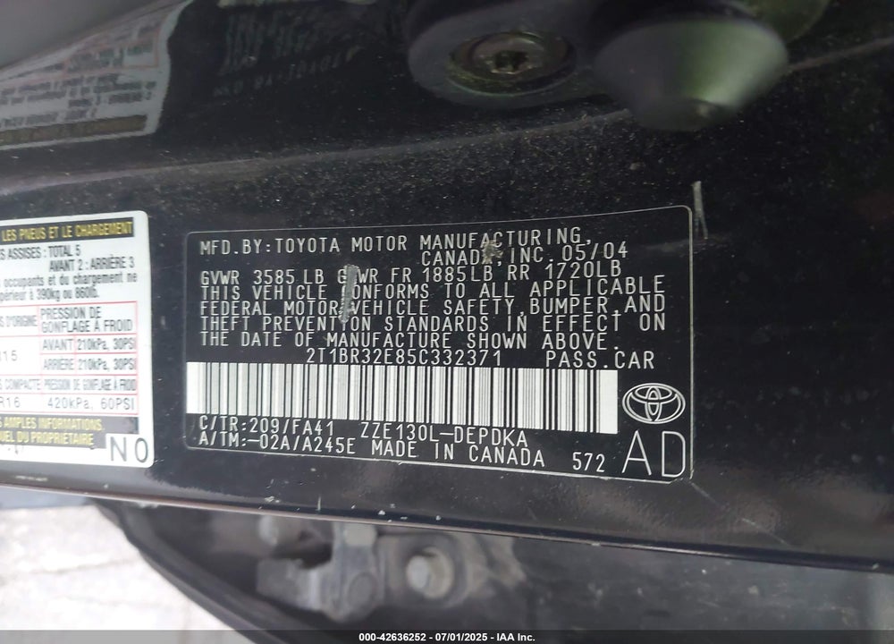 2005 TOYOTA COROLLA CE VIN: 2T1BR32E85C332371