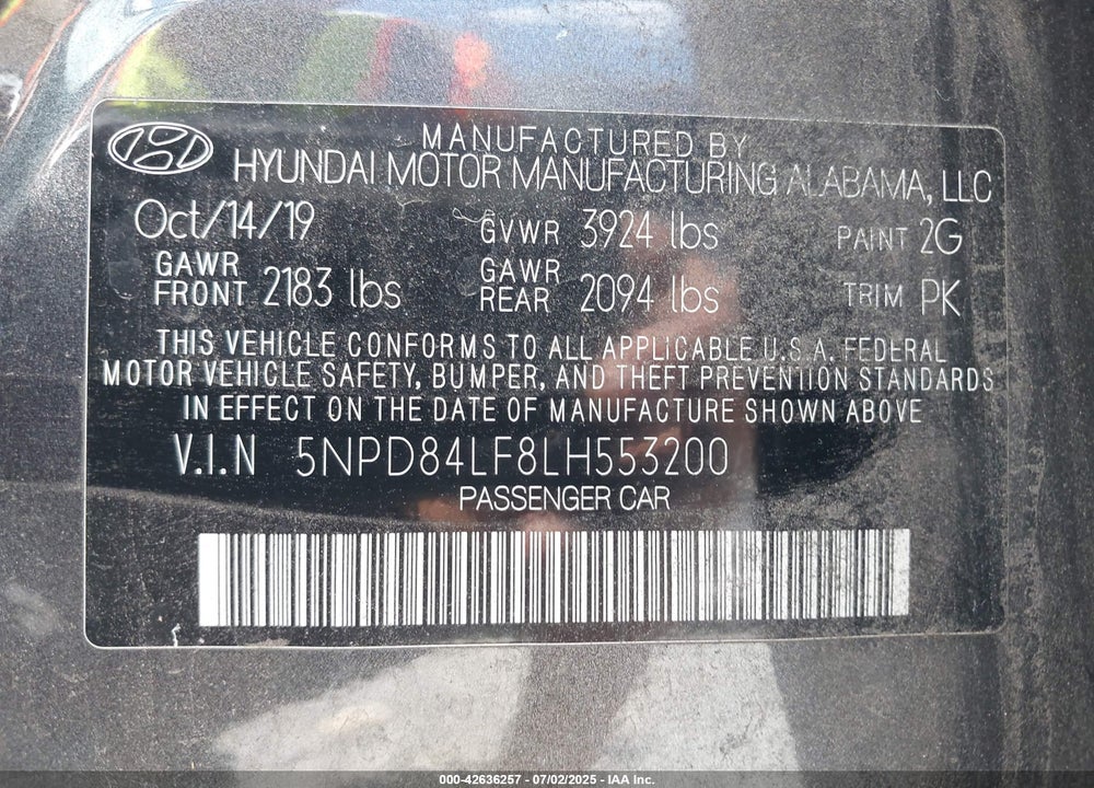 2020 HYUNDAI ELANTRA VIN: 5NPD84LF8LH553200