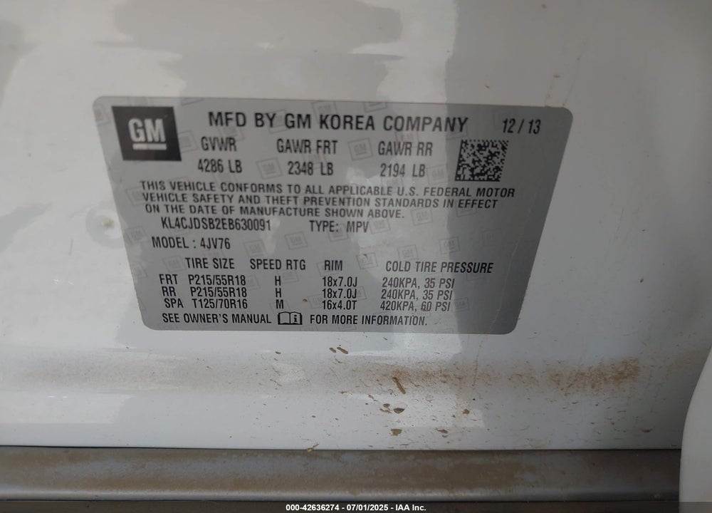 2014 BUICK ENCORE VIN: KL4CJDSB2EB630091
