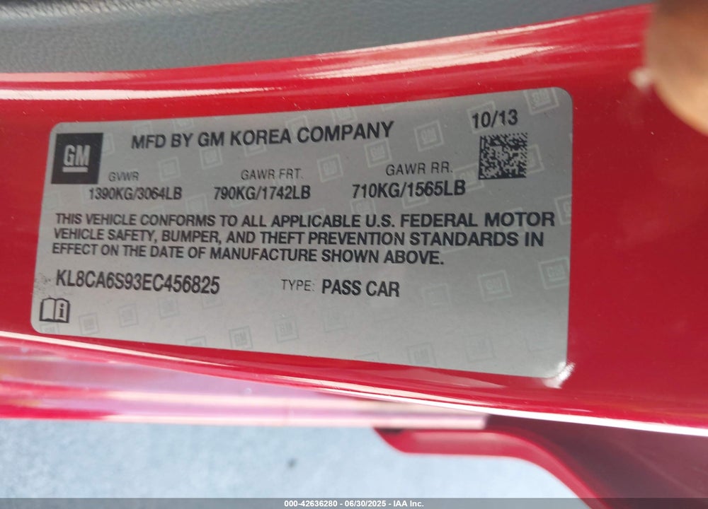 2014 CHEVROLET SPARK VIN: KL8CA6S93EC456825