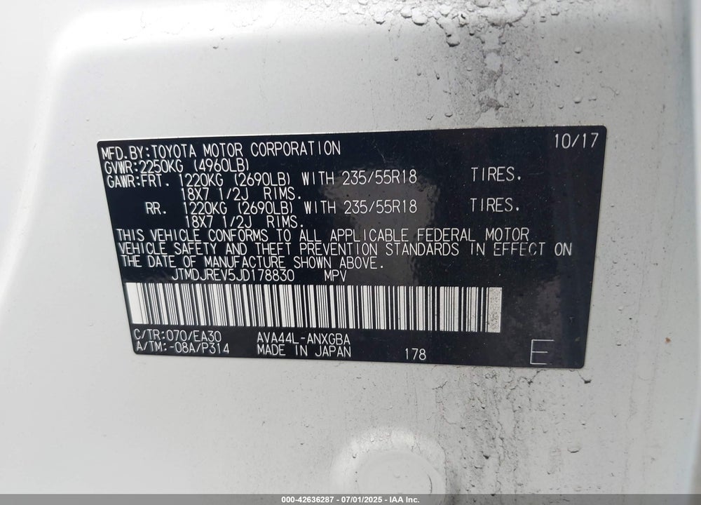 2018 TOYOTA RAV4 HYBRID VIN: JTMDJREV5JD178830