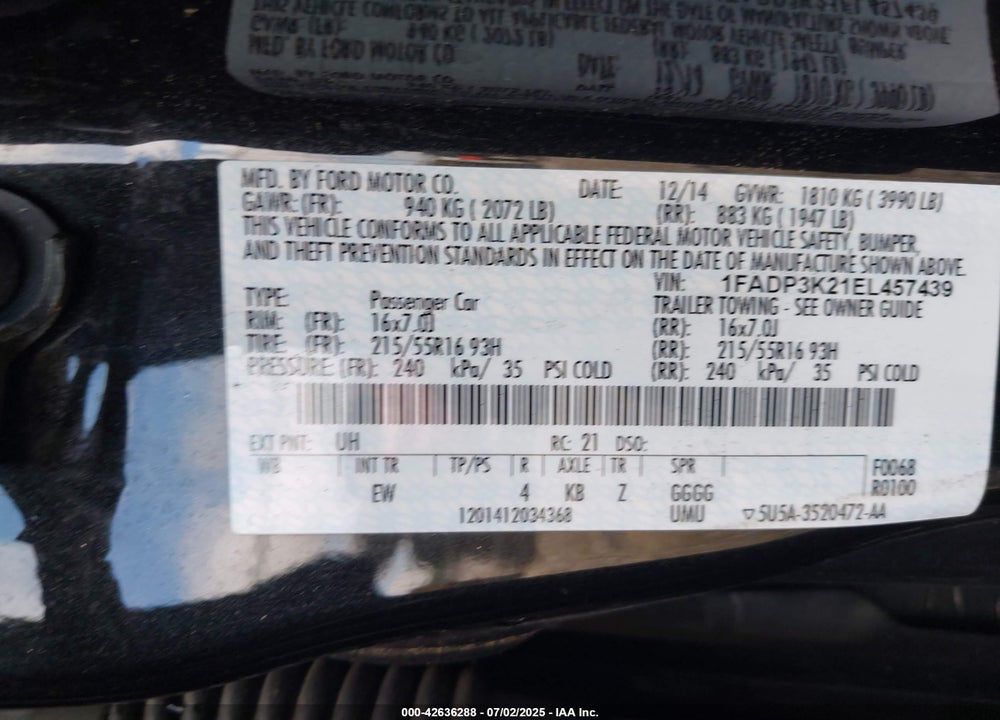 2014 FORD FOCUS VIN: 1FADP3K21EL457439