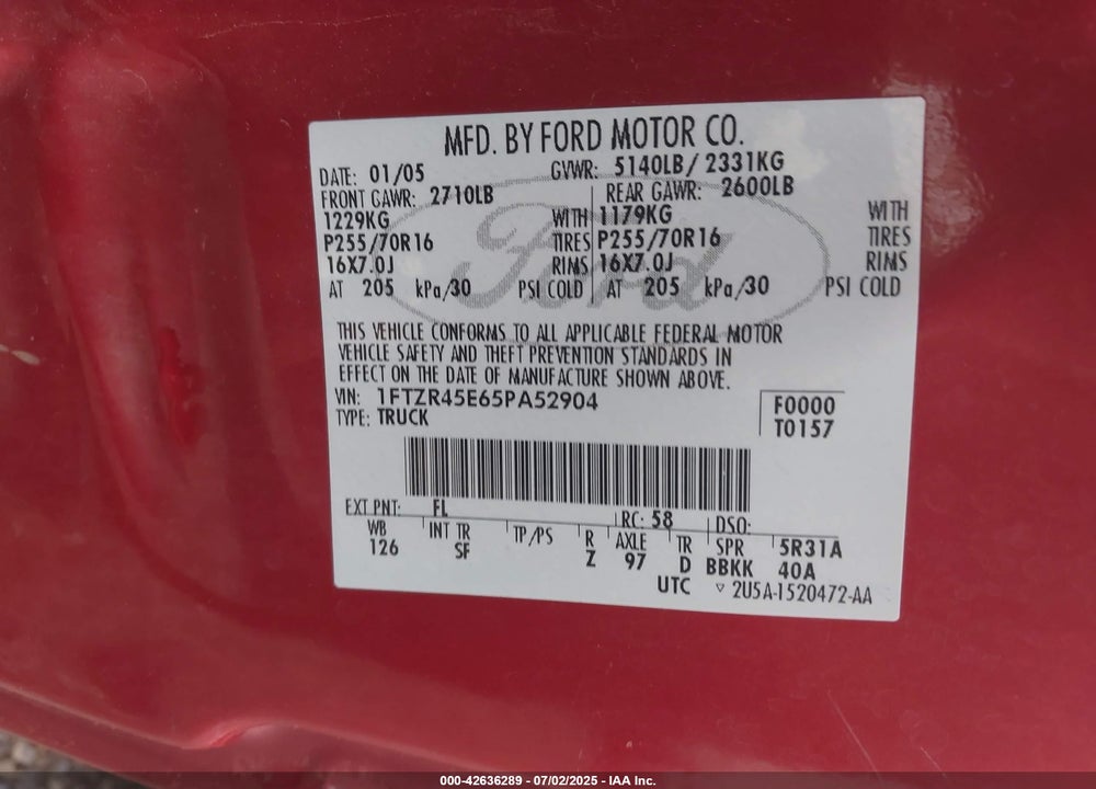 2005 FORD RANGER EDGE/FX4 LEVEL II/FX4 OFF-ROAD/XLT VIN: 1FTZR45E65PA52904