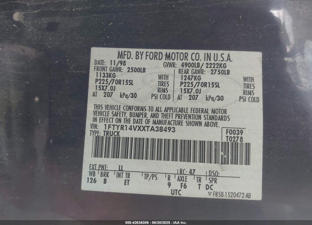 1999 FORD RANGER XL/XLT VIN: 1FTYR14VXXTA38493