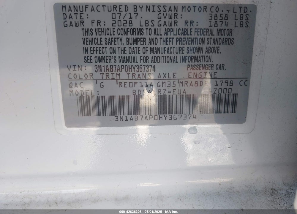 2017 NISSAN SENTRA VIN: 3N1AB7AP0HY367374