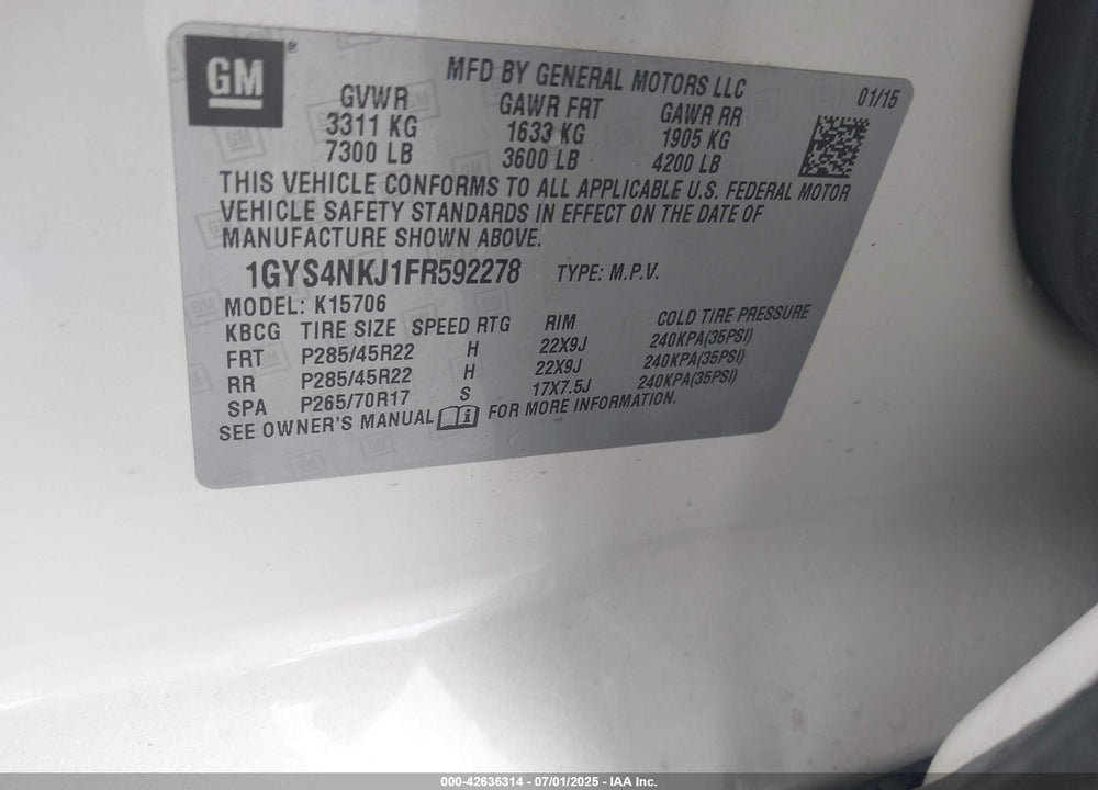2015 CADILLAC ESCALADE PREMIUM VIN: 1GYS4NKJ1FR592278