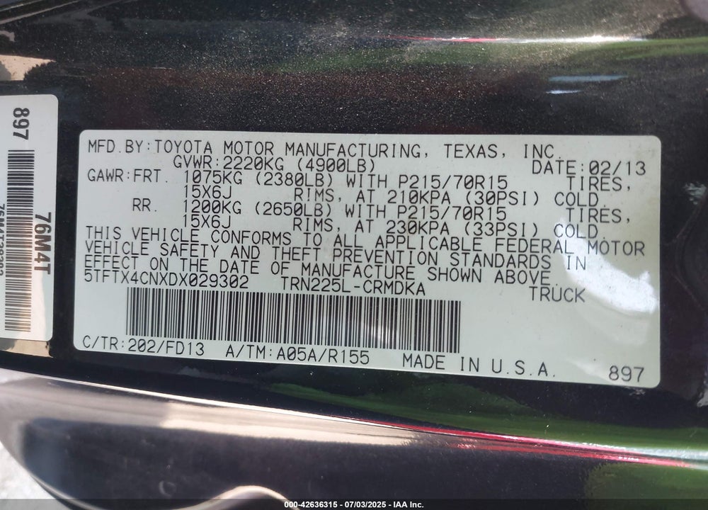 2013 TOYOTA TACOMA VIN: 5TFTX4CNXDX029302