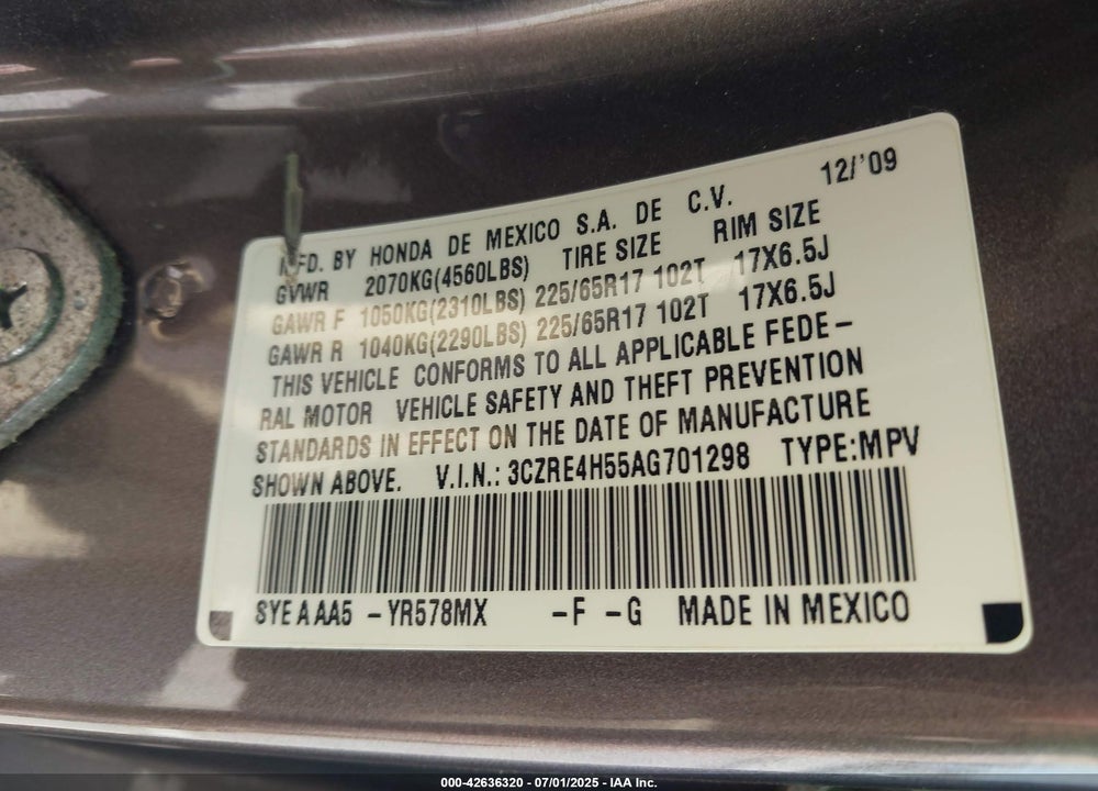 2010 HONDA CR-V VIN: 3CZRE4H55AG701298