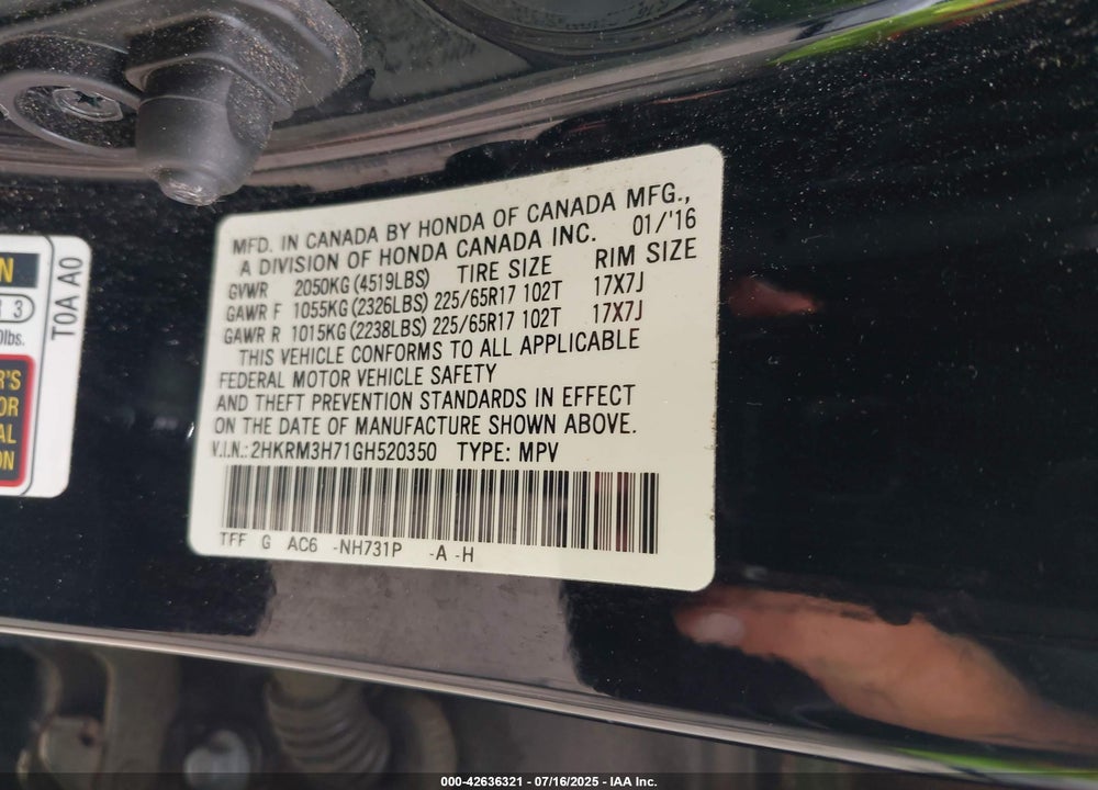 2016 HONDA CR-V VIN: 2HKRM3H71GH520350