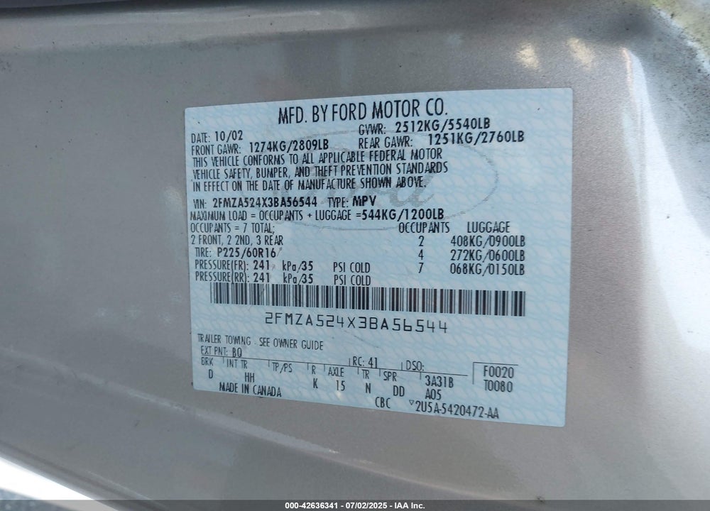2003 FORD WINDSTAR VIN: 2FMZA524X3BA56544