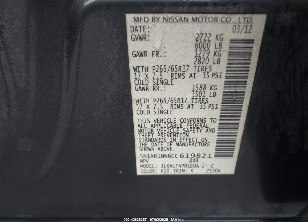 2012 NISSAN PATHFINDER VIN: 5N1AR1NN6CC619821