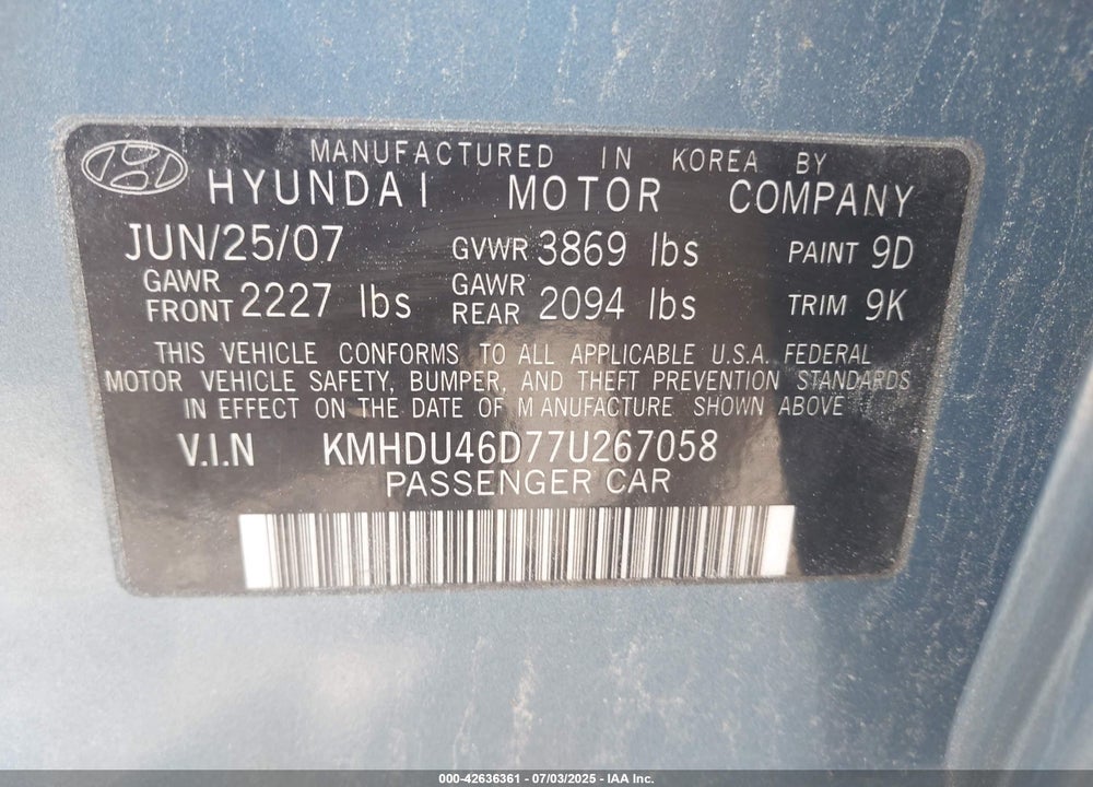 2007 HYUNDAI ELANTRA VIN: KMHDU46D77U267058