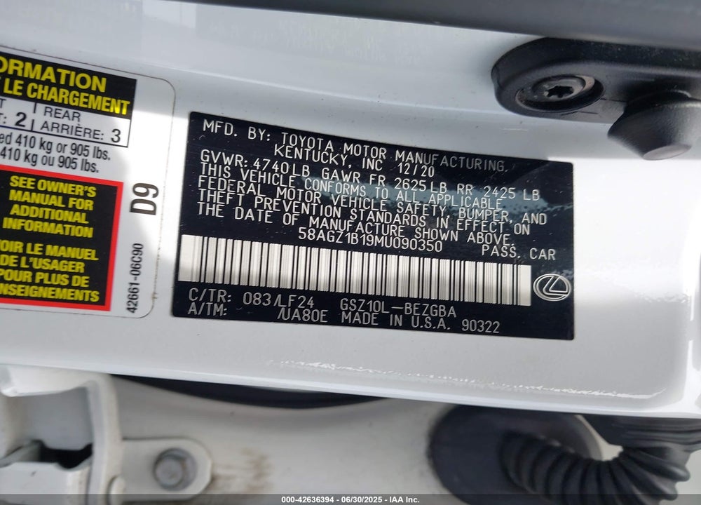 2021 LEXUS ES350 VIN: 58AGZ1B19MU090350