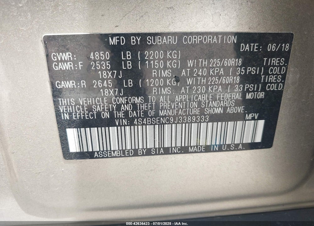 2018 SUBARU OUTBACK 3.6R LIMITED VIN: 4S4BSENC9J3389333