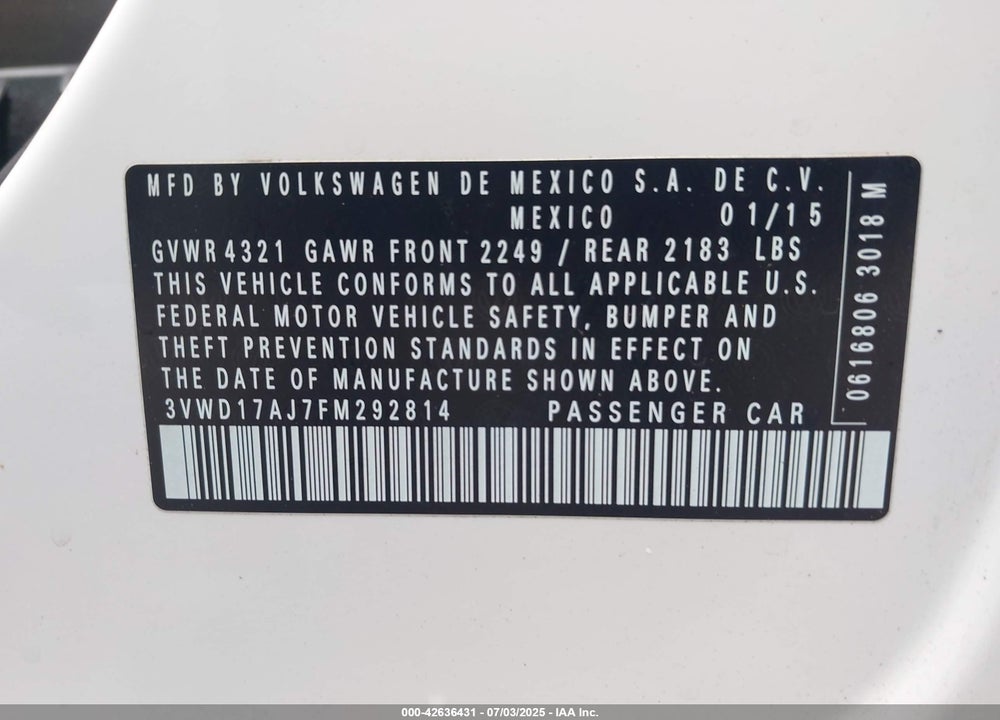 2015 VOLKSWAGEN JETTA VIN: 3VWD17AJ7FM292814