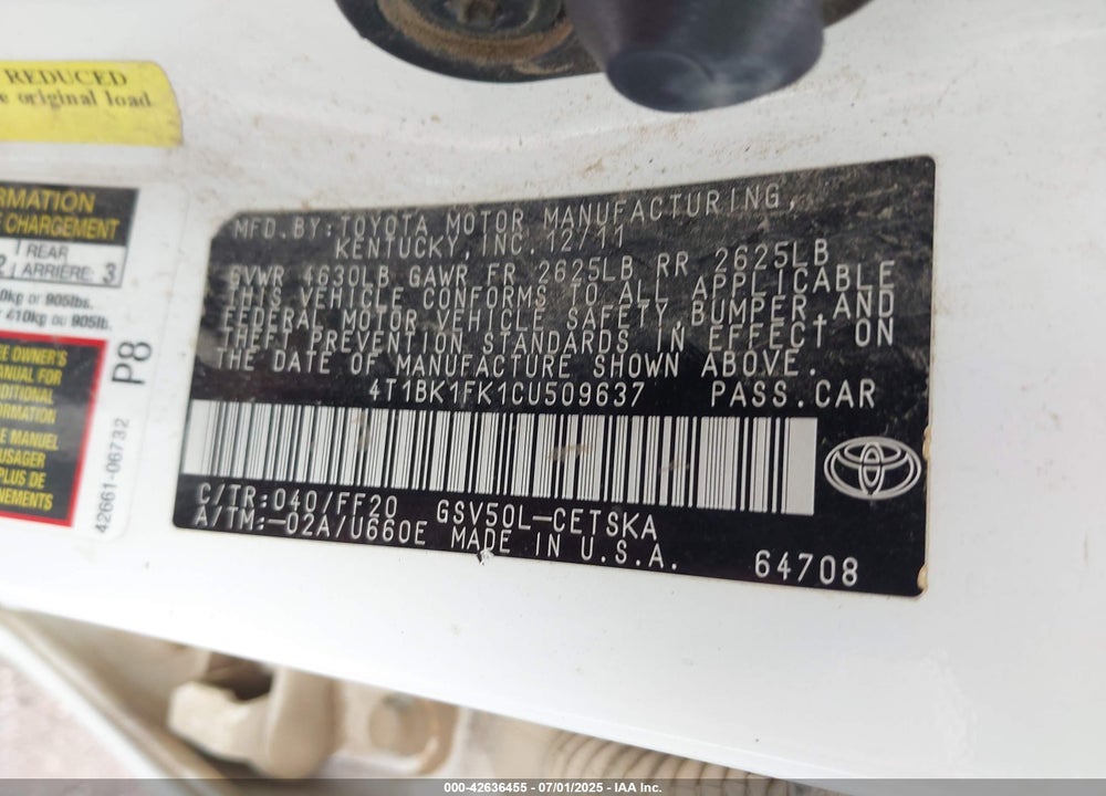 2012 TOYOTA CAMRY VIN: 4T1BK1FK1CU509637