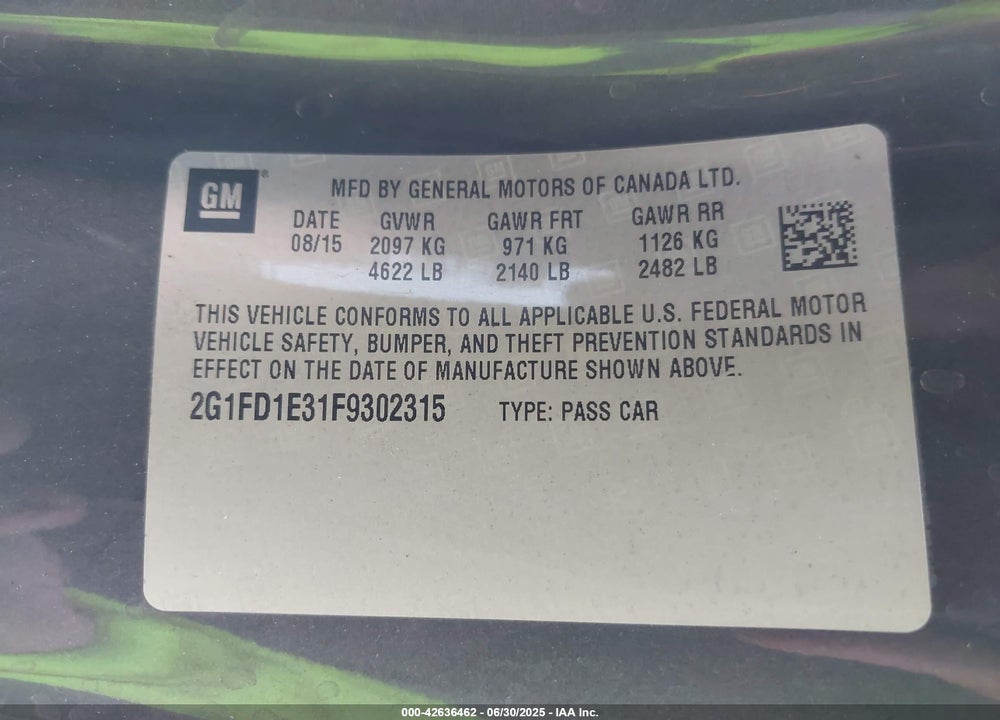 2015 CHEVROLET CAMARO VIN: 2G1FD1E31F9302315