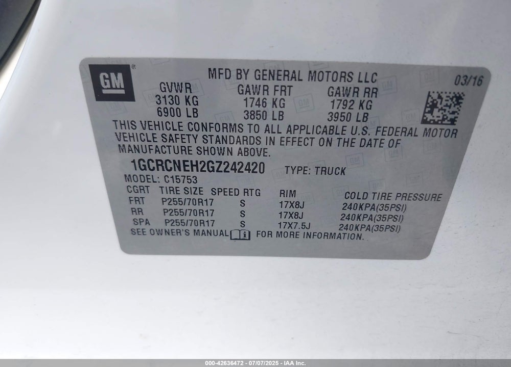2016 CHEVROLET SILVERADO 1500 VIN: 1GCRCNEH2GZ242420