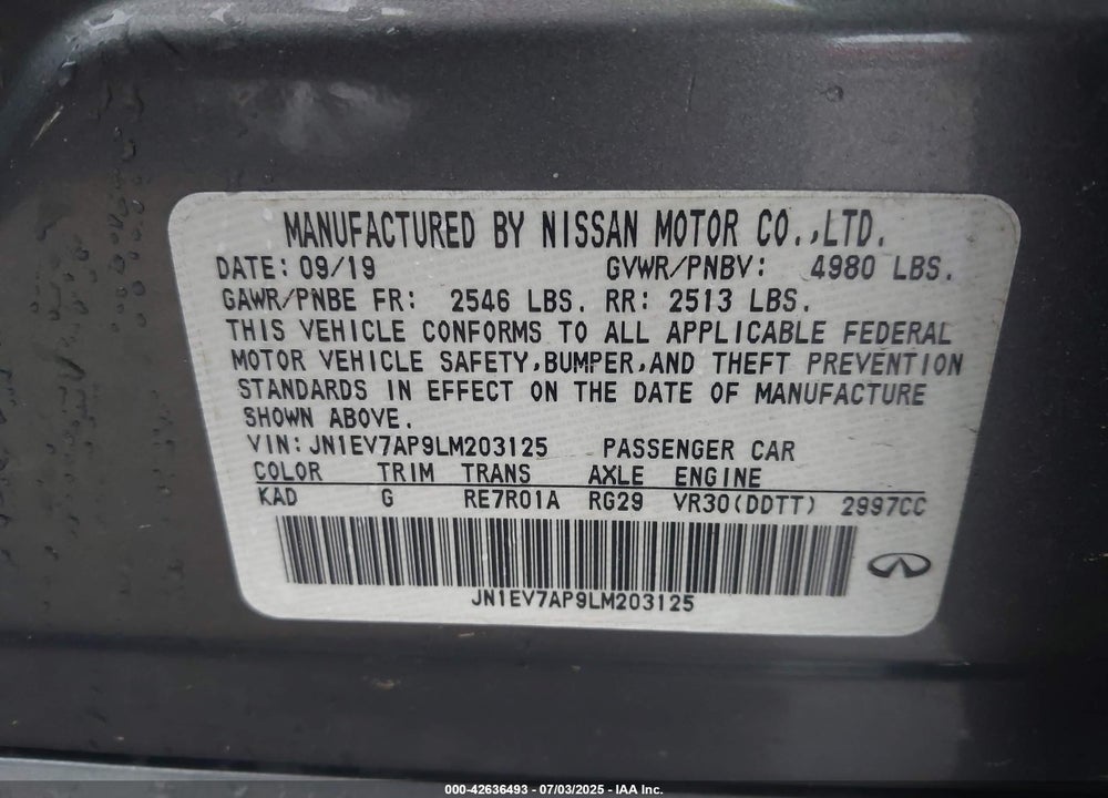 2020 INFINITI Q50 VIN: JN1EV7AP9LM203125