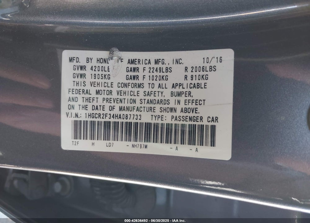 2017 HONDA ACCORD VIN: 1HGCR2F34HA087733
