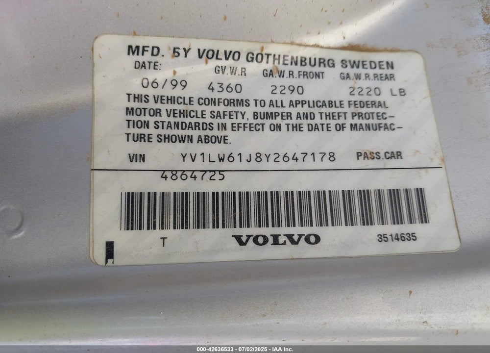 2000 VOLVO V70 SE VIN: YV1LW61J8Y2647178