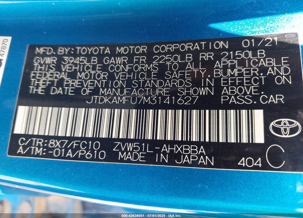 2021 TOYOTA PRIUS VIN: JTDKAMFU7M3141627