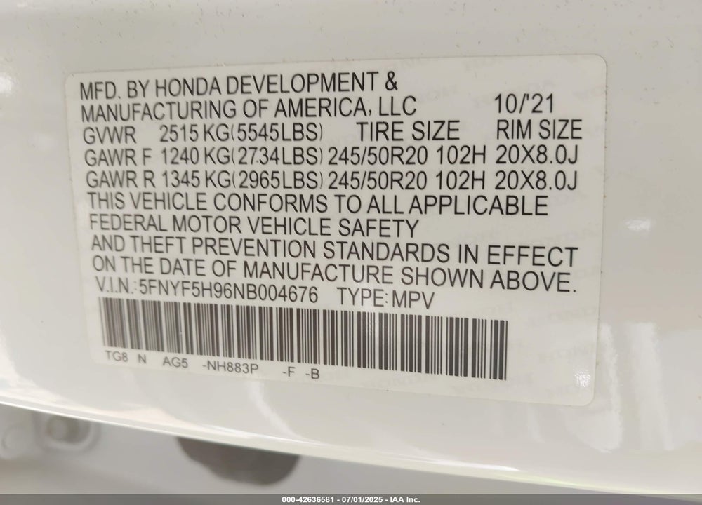 2022 HONDA PILOT VIN: 5FNYF5H96NB004676