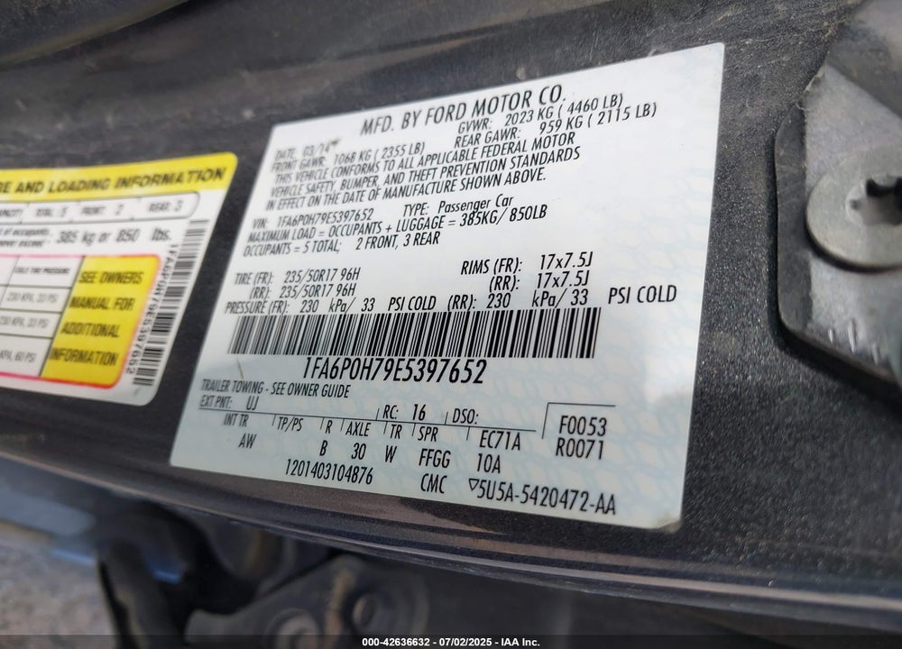 2014 FORD FUSION VIN: 1FA6P0H79E5397652