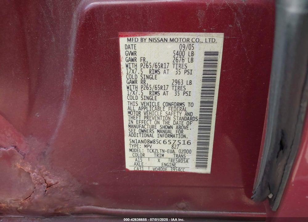 2005 NISSAN XTERRA SE VIN: 5N1AN08W85C657516