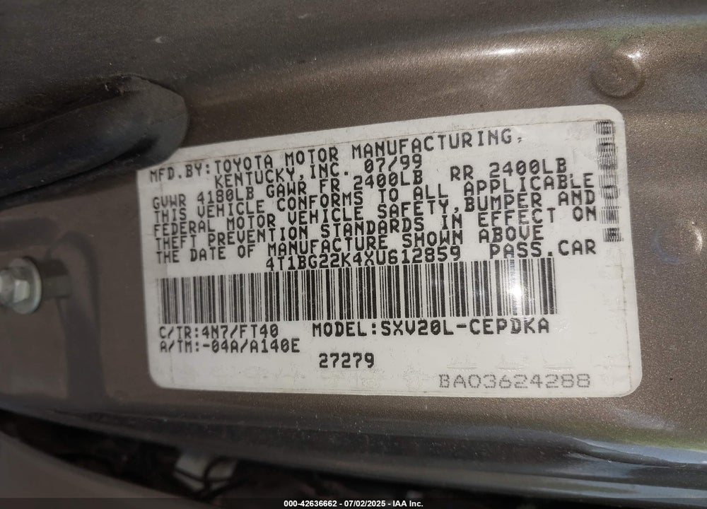 1999 TOYOTA CAMRY VIN: 4T1BG22K4XU612859