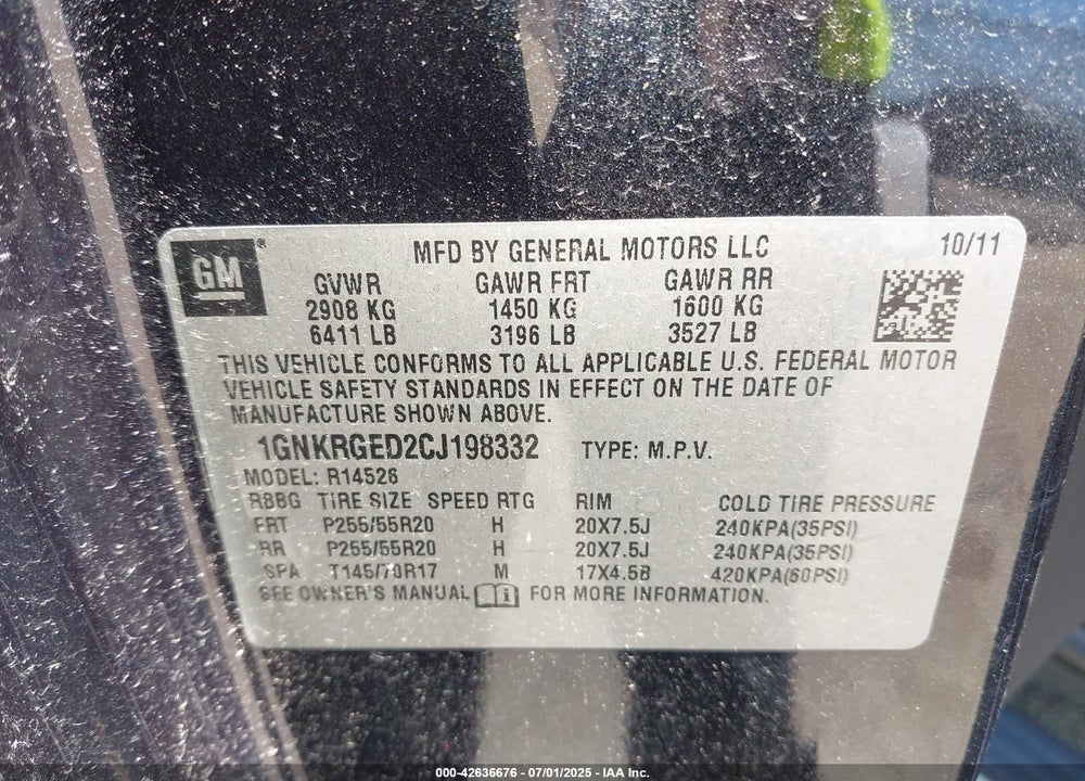 2012 CHEVROLET TRAVERSE 1LT VIN: 1GNKRGED2CJ198332