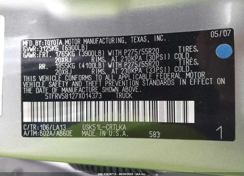 2007 TOYOTA TUNDRA VIN: 5TFRV58127X014373
