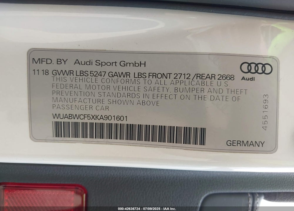 2019 AUDI RS5 VIN: WUABWCF5XKA901601
