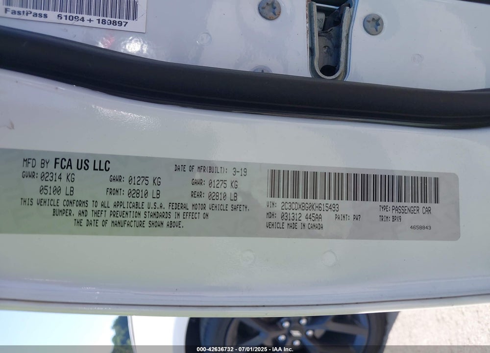 2019 DODGE CHARGER VIN: 2C3CDXBG0KH615493