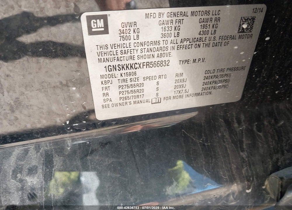 2015 CHEVROLET SUBURBAN 1500 VIN: 1GNSKKKCXFR566832