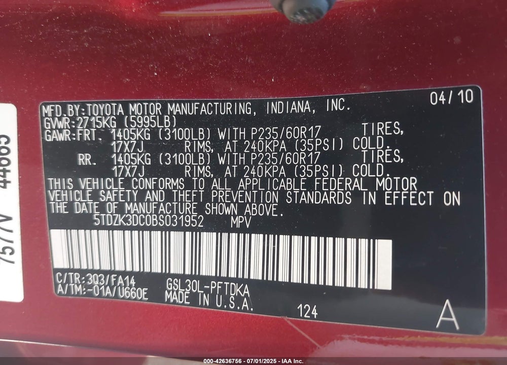 2011 TOYOTA SIENNA BASE V6 VIN: 5TDZK3DC0BS031952