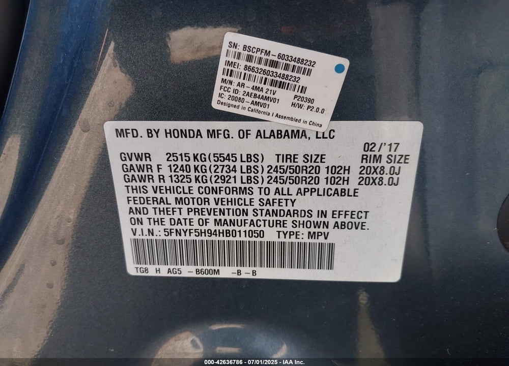2017 HONDA PILOT VIN: 5FNYF5H94HB011050