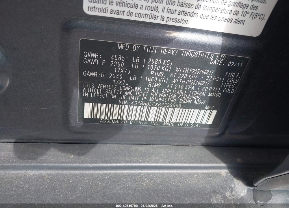 2011 SUBARU OUTBACK VIN: 4S4BRBLCXB3399500