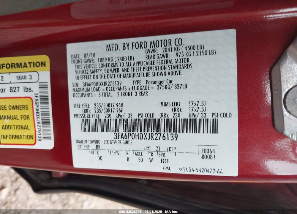 2018 FORD FUSION VIN: 3FA6P0HDXJR276139