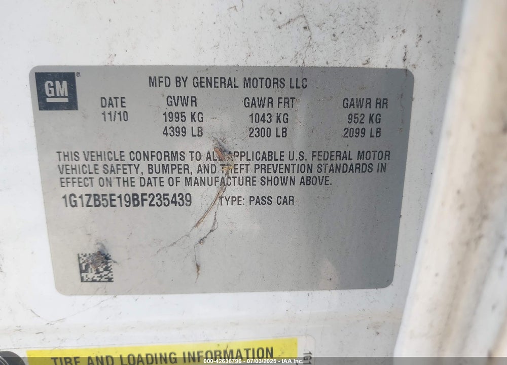 2011 CHEVROLET MALIBU LS VIN: 1G1ZB5E19BF235439