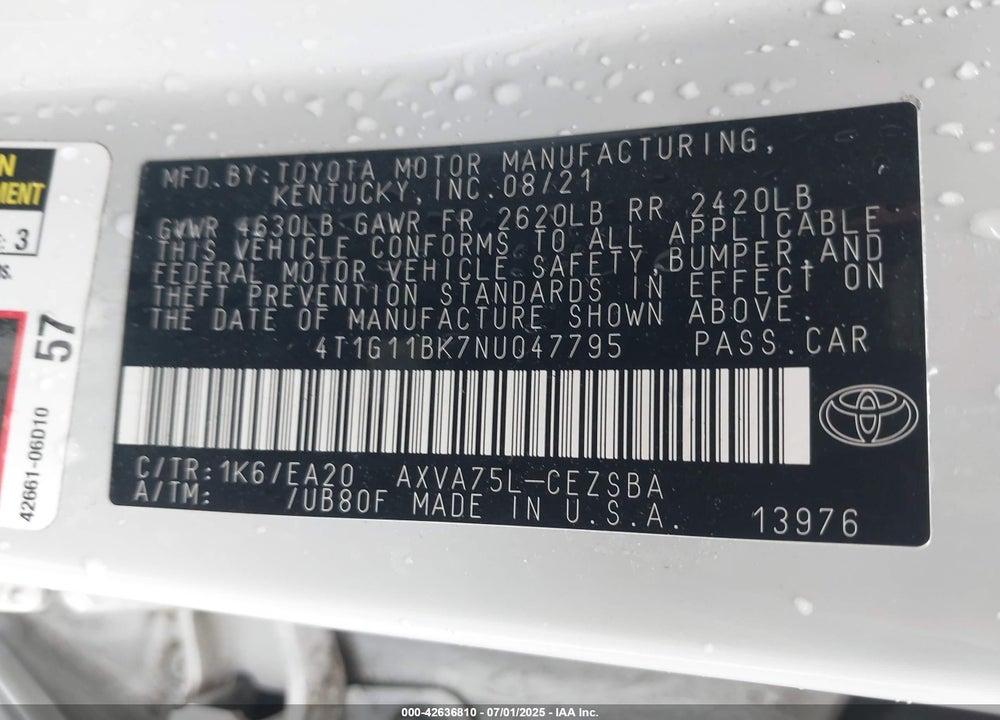 2022 TOYOTA CAMRY VIN: 4T1G11BK7NU047795