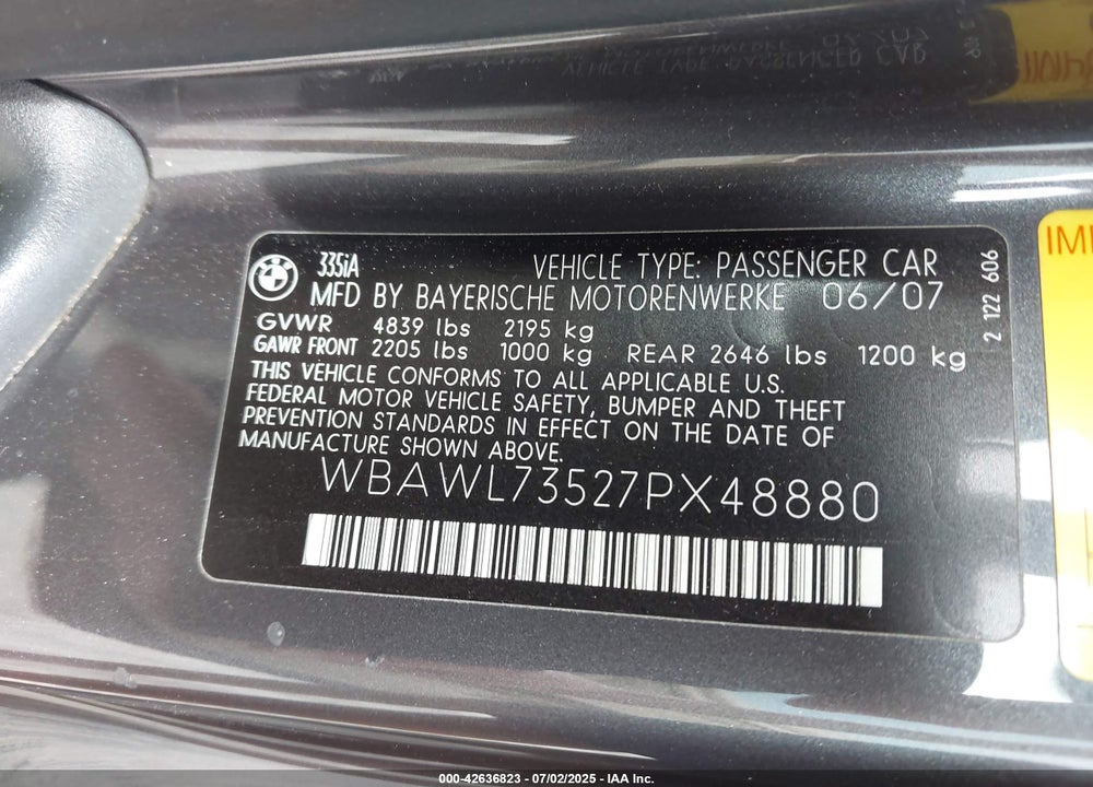 2007 BMW 3 SERIES VIN: WBAWL73527PX48880