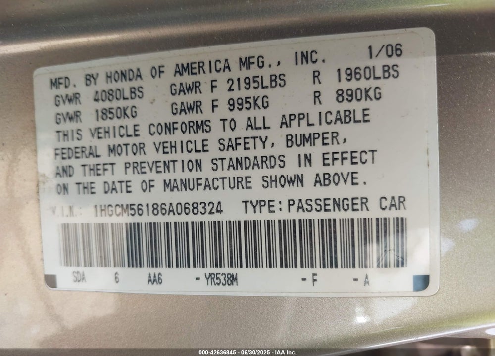 2006 HONDA ACCORD 2.4 VP VIN: 1HGCM56186A068324