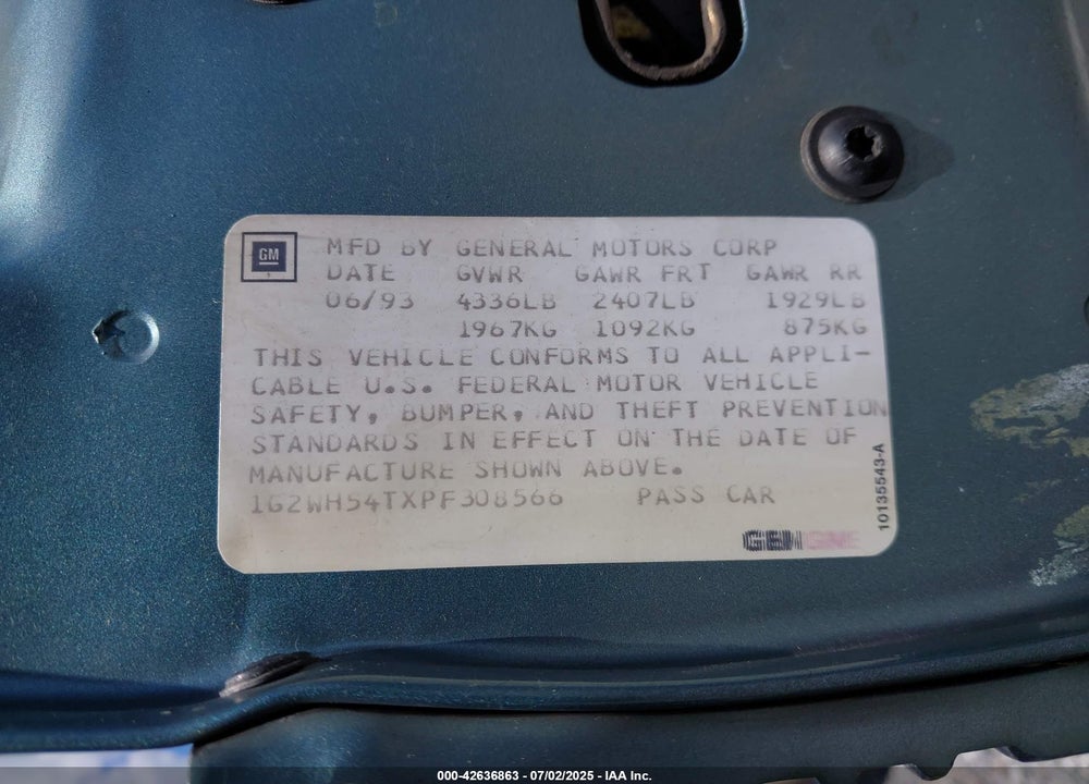 1993 PONTIAC GRAND PRIX LE VIN: 1G2WH54TXPF308566