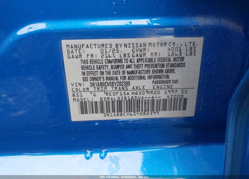 2025 NISSAN SENTRA SV VIN: 3N1AB8CV6SY282399