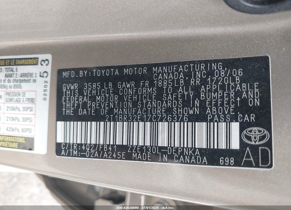 2007 TOYOTA COROLLA CE/LE/S VIN: 2T1BR32E17C726376